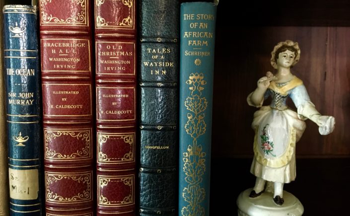 Row of books on a shelf with a porcelain figurine