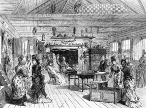Magazine illustration of visitors to the New England Kitchen at the Philadelphia Centennial Exposition of 1876