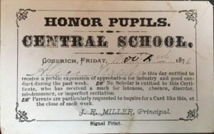 Honor pupil card from Central School, given to Alice Trainer at age ten