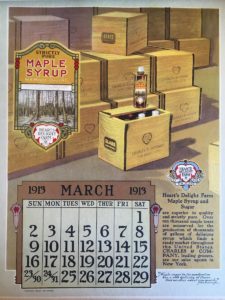 Heart's Delight Farm calendar page for March 1913 showing boxes of maple syrup